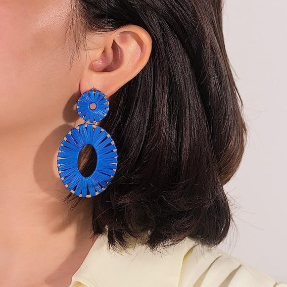 Statement Raffia Earrings Boho Drop Dangle Earrings for Women Handmade F… - Picture 8 of 12